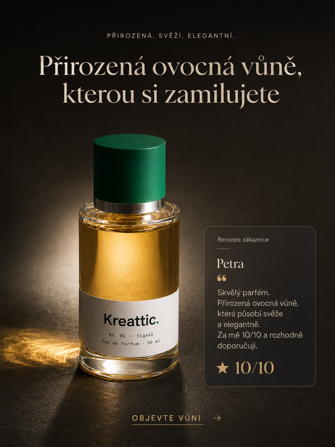 Elegantní banner parfému Kreattic s recenzí zákaznice Petry